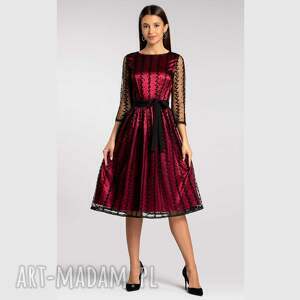 sukienka tina 3/4 midi lukrecja amarant rozkloszowana, koronka, elegancka