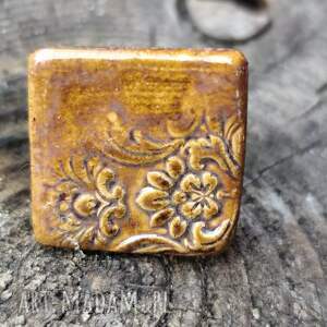 Pierścionek ceramiczny 37 brązowo-złoty handmade