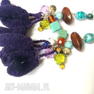 ręcznie robione klipsy klipsy pompony fioletowe etno boho orientalne handmade