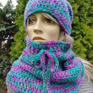 czapka i komin robione na szydełku, wełniany komplet zimowy, kolorowy