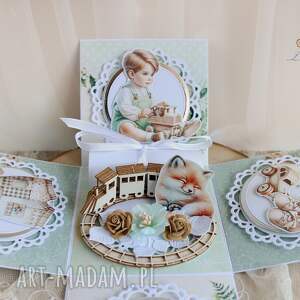 ręcznie robione scrapbooking kartki exploding box, kartka na chrzest roczek narodziny