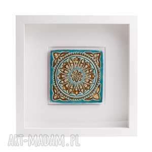 ceramiczny kafelek orientalny w ramce, dekor malowany obrazek, ramka
