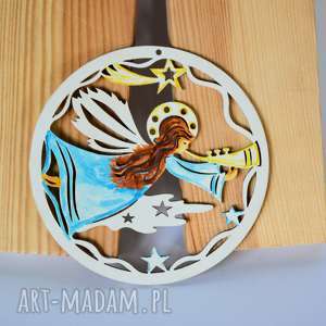 handmade święta upominek zawieszka drewniana - aniołek z trąbką