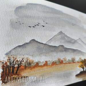 Akwarele obraz JESIEŃ jezioro pejzaż morze góry 15x21