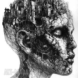 jak w przebudzeniach snach rysunek piórkiem surrealizm, fantastyka