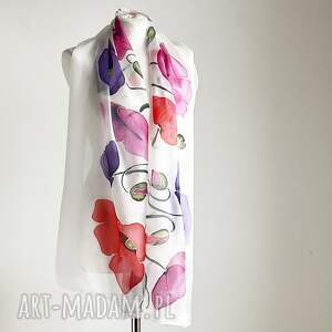 handmade szaliki malowany szal - kolorowe maki na bieli