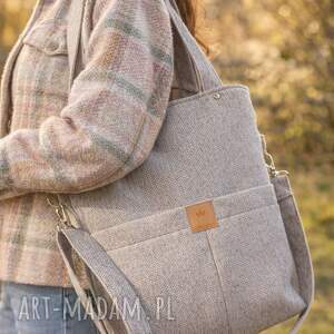 torebka na ramię z plecionki tapicerskiej beżowa, shopper bag torba