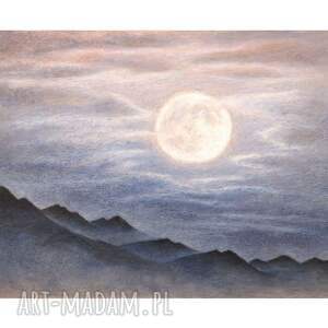 obraz ręcznie malowany kolejna pełnia - format A3, pejzaż nocny, krajobraz