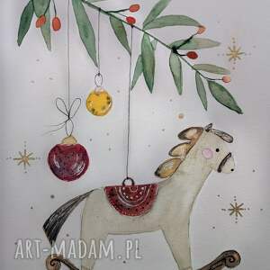 pomysł na upominek Konik na biegunach. A5, choinka, akwarela