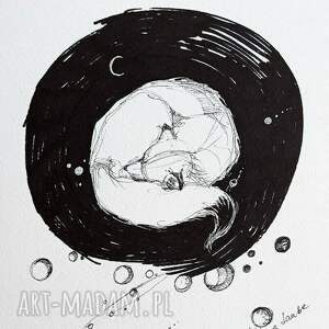 kosmiczny sen lisa rysunek piórkiem artystki adriany laube, kosmos śpiący lis