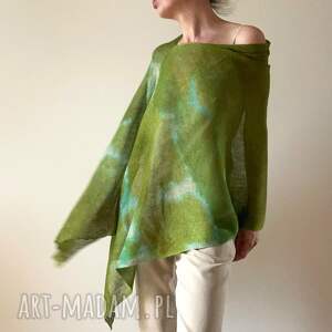 Lniane poncho w zieleniach - narzutka one size handmade
