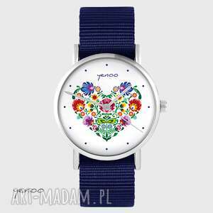 zegarek yenoo - serce folkowe granatowy, nato bransoletka kwiaty, prezent