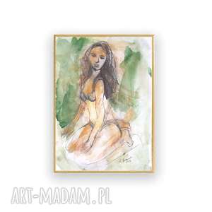 malowana ręcznie akwarela z kobietą, oprawiony rysunek dziewczyną, kobieta