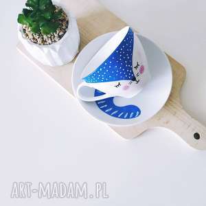 ręcznie zrobione kubki filiżanka 400 ml ręcznie malowana niebieski kot