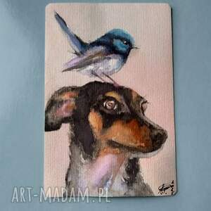 pies i ptak akwarela, zwierzęta, malarstwo akwarelowe, święta