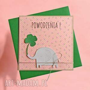 POWODZENIA urocza, uniwersalna kartka słonik, koniczynka