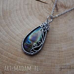 handmade wisiorki wisiorek z labradorytem, wire wrapping, stal chirurgiczna