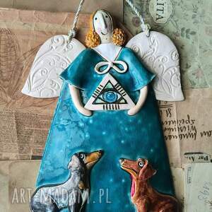 Aniołek z jamnikami i Okiem Opatrzności, ceramika, anioł, pies