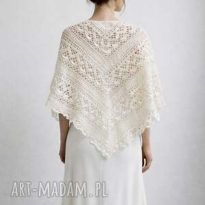 Ozdobna biała chusta ślubna Klaziena ręcznie robiona z merino