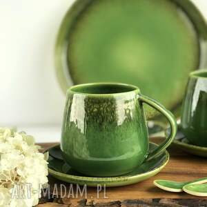 filiżanka ze spodkiem beczułka ręcznie robiona zielona 300 ml - natura, ceramika