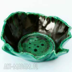 zielono - czarna, opalizująca miseczka ceramiczna letni liść