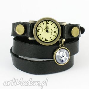 handmade zegarki bransoletka, zegarek - biały wilk czarny, skórzany