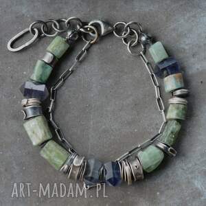 srebrna bransoletka, zielony kianit, iolit, srebro