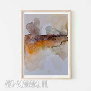 Oryginalna akwarela - pejzaż 32 x 24 cm w odcieniach zieleni i pomarańczu