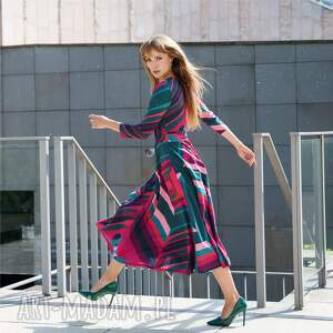 sukienka kopertowa atencja kolorowe pasy, bawełna singiel jersey rozkloszowana