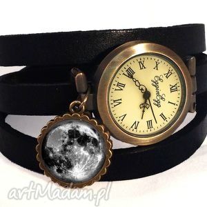 zegarki księżyc w pełni - zegarek bransoletka skórzanym pasku, kosmos