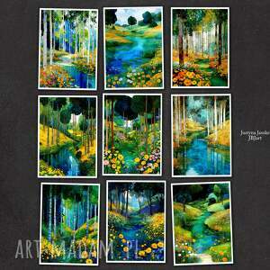 nurt światła - zestaw 9 grafik 13x18 cm na prezent, las, klimt