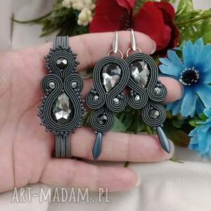 grafitowe kolczyki i bransoletka, ciemnoszary komplet biżuterii na przyjęcie