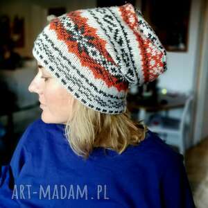 handmade czapki czapka damska w norweskim stylu we wzory - box e1 - na podszewce, lekko