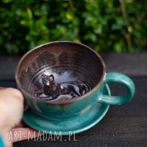 handmade ceramika filiżanka z kotem - czekoladowy turkus - rękodzieło - 300