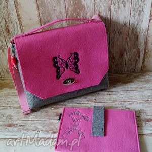 handmade torebki wiosenna filcowa listonoszka z haftem motyla, gratis etui na tablet