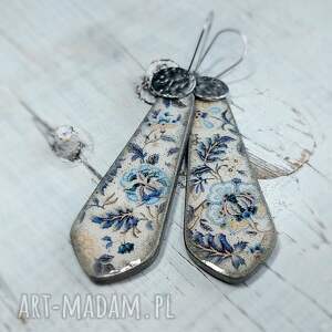 KOLCZYKI DECOUPAGE, żywica, vintage, wiszące, stal chirurgiczna
