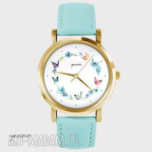 zegarek - kolorowy wianek turkusowy, skórzany, złoty, kwiaty, motyle
