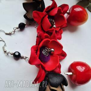 kolczyki kwiaty czereśnie długie zwracające uwagę, etn folk, owo