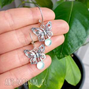 motyle, kolczyki, srebrne, wiszące, agat aqua
