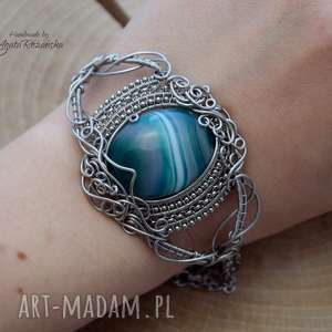 handmade bransoletka agat zielony, wire wrapping, stal chirurgiczna