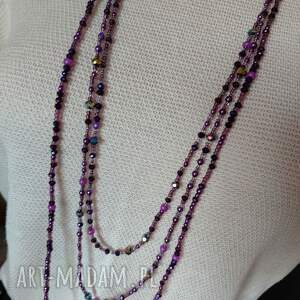 Naszyjnik Kaskadowy Potrójny Perły Kryształki Korale Fioletowe