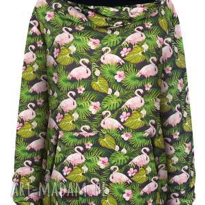 wiosenna obszerna bluza kangurka z mega dużym kapturem w liście i flamingi