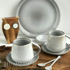 handmade ceramika zestaw dla dwojga - patera plus filiżanki ze spodkami i łyżeczkami
