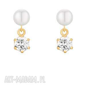 złote kolczyki perły z bezbarwnymi cyrkoniami, delikatne