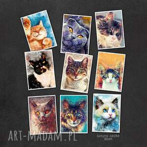 koty w akwareli - zestaw 9 grafik rozmiarze 13x18 cm, pocztówki, grafiki
