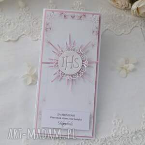 Zaproszenia komunijne dla dziewczynki 5 szt z biało różowe