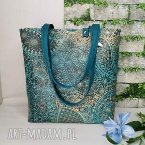 torebka damska shopper bag na ramię zamykana ekoskóra - turkusowe wzory