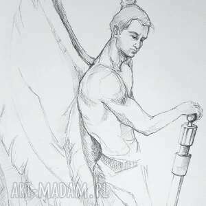 anioł wsparcia rysunek ołówkiem artystki adriany laube, skrzydła, miecz