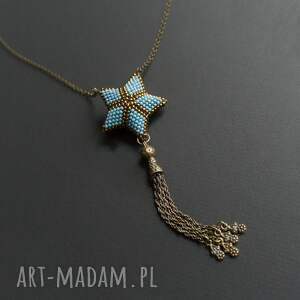 naszyjnik z wisiorem - turkusowa gwiazda przestrzenna, chwost, mosiądz, wisiorek