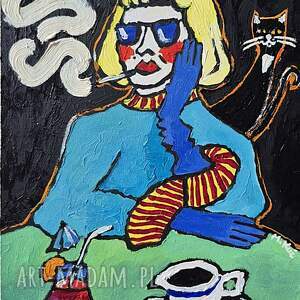 obraz olejny babcia przy zielony stole obrazy olejne pieskiem